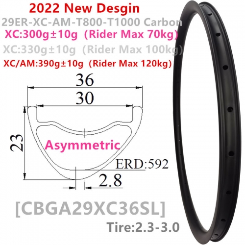 [CBGA29XC36SL] 2022New Desgin Only 300g T1000 36mm Width 23mm Depth Internal 30mm Asymmetric 29er Carbon Fiber Mountain Bike wheel Hookles Tubeless