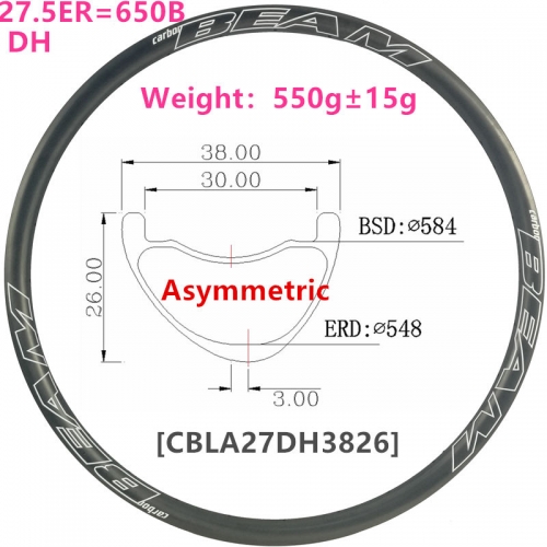 [CBLA27DH3826] 27.5er DH 550g 38mm Width 26mm Depth Asymmetric 650B Carbon Fiber Mountain Bike Hookless Tubeless Compatible Enduro AM 27.5er carb