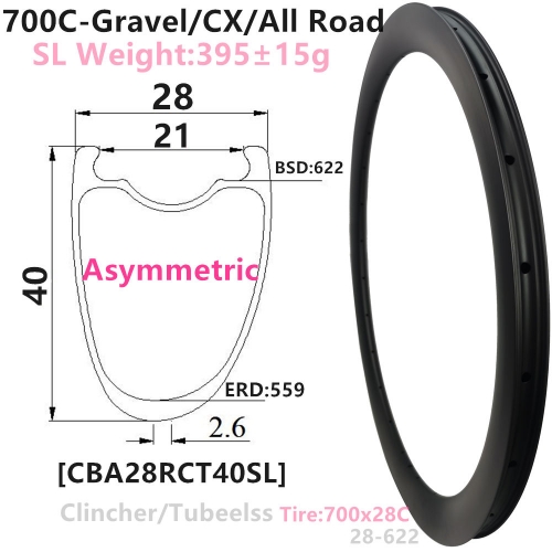 [CBGA28RCT40SL] Carbonbeam Lifewarranty Only Asymmetric T800 390g CX/Gravel Bike 28mm wide internal 21mm Depth 40mm 700C Carbon Clincher Tubeless rims