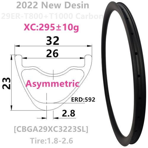 [CBGA29XC3223SL] 2022 New Desgin Only 295g T1000 32mm Width 23mm Depth Internal 26mm Asymmetric 29er Carbon Fiber Mountain Bike Hookles Tubeless rims