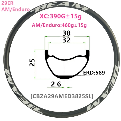 [CBZA29AMED3825SL] 29er Only 375g 38mm Width 25mm Depth Asymmetric Carbon Fiber Mountain Bike Hookless Tubeless Compatible Enduro AM 29inch  carb