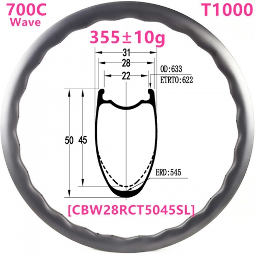 [CBW28RCT5045SL] 700C 355g Symmetric T1000 NEW Gravel  Road Bike 28mm wide 50mm Depth 700C Carbon Fiber Rim Clincher Tubeless Compatible rim