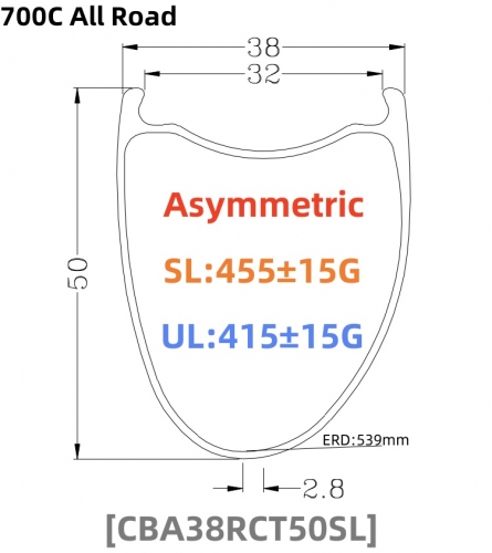 [CBA38RCT50UL] Asymmetric 415g NEW Gravel Bike 50mm Depth 700C Carbon Fiber Road Rim Clincher Tubeless Compatible carbon rims