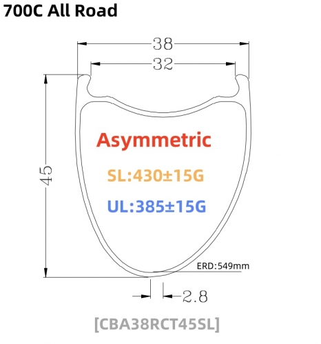 [CBA38RCT45UL] Asymmetric 385g NEW Gravel Bike 45mm Depth 700C Carbon Fiber Road Rim Clincher Tubeless Compatible carbon rims