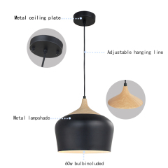 Karmiqi Modern Pendant Lighting Wood Pattern Ceiling Light Fixtures Metal Shade with Bulb for Living Rooms,Dining Room,Kitchen,Guest Room(Black)
