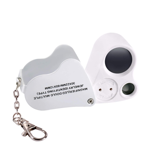 Jiusion Portable Lighted LED Illuminated Jewelry Magnifier 30X 60X Dual Lens Eye Loupe Magnifying Glasses Micro Microscope with Keychain and Lanyard
