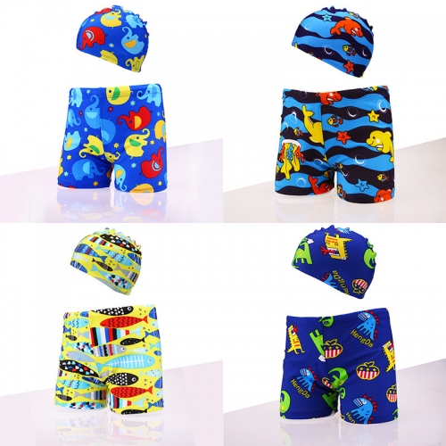 Cartoon Printed Drawstring Swim Shorts with Hat For Boys