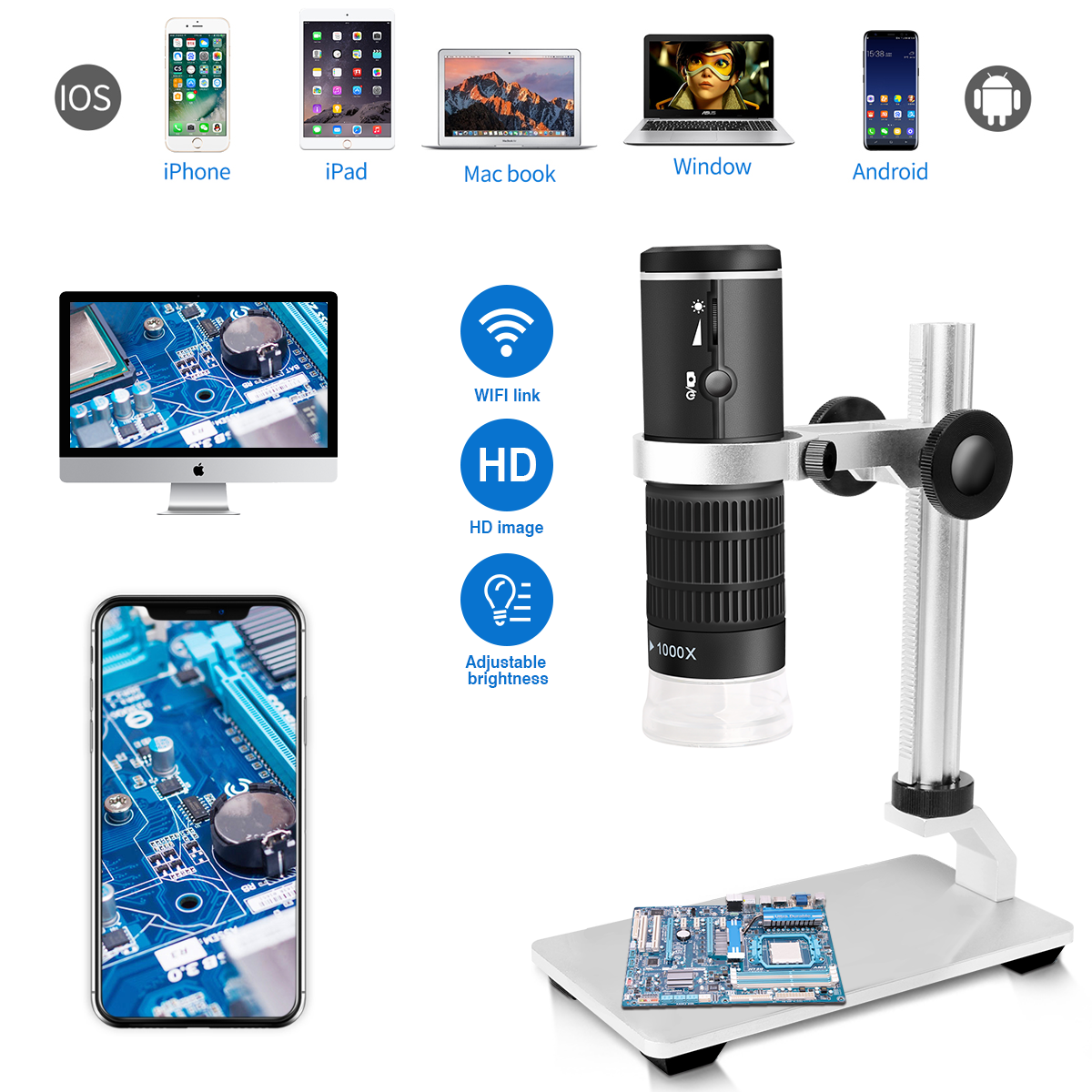 Jiusion WiFi USB Digital Handheld Microscope Compatible with iPhone iPad Mac Window Android Jiusion-WifiMicroscope 40 to 1000x Wireless Magnification Endoscope 8 LED Mini Camera with Phone Suction Metal Stand and Case