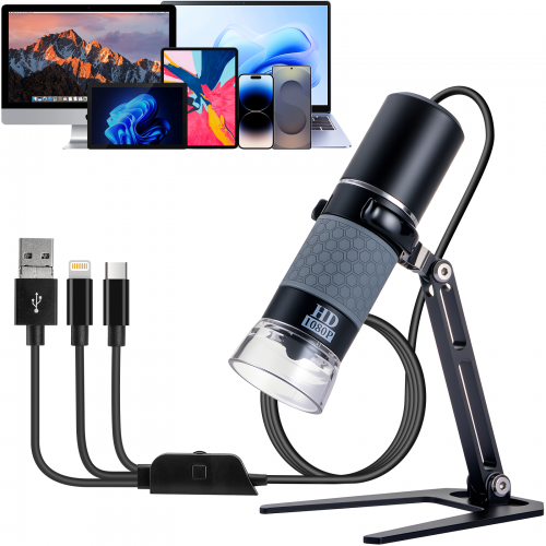 Jiusion 1080P USB Digital Handheld Microscope, 50 to 1000x Magnification Endoscope Full HD 1920x1080P Camera 8 LEDs with Metal Stand
