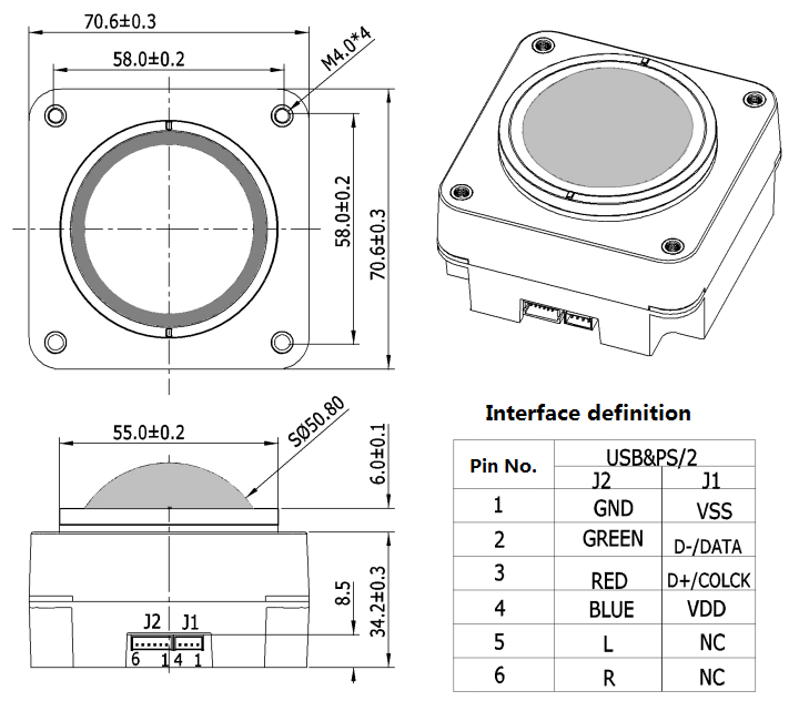 IP65 waterproof 50.0mm medical B-ultrasound trackball module