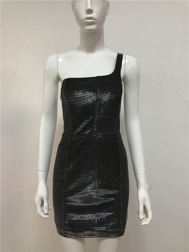 One Shoulder Black/Silver Metallic Mini Dress