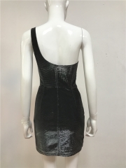One Shoulder Black/Silver Metallic Mini Dress
