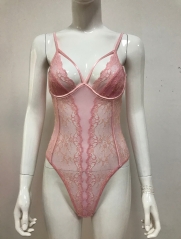 Pink lace and mesh women lingerie bodysuit