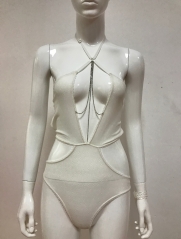 White rhinestone chain mesh women lingerie bodysuit