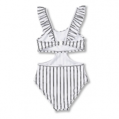 Girl stripe print ruffle swimsuit