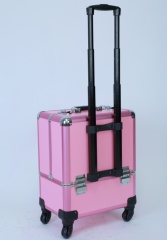 Pink rolling makeup train cosmetic nail trolley case