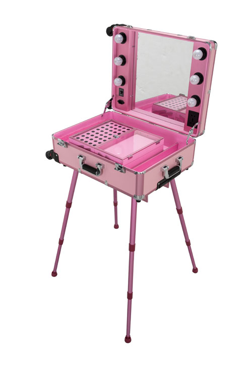 Pink trolley makeup case with light cosmetic rolling case with 4 legs