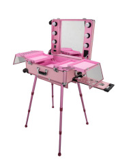 Pink trolley makeup case with light cosmetic rolling case with 4 legs