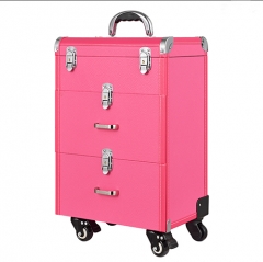 Pink PU makeup trolley cases hairdressing vanity case with rolling wheels
