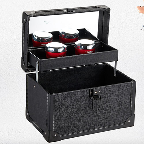 Black portable makeup kit case high quality PU beauty nail storage box with mirror