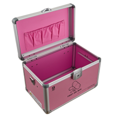 Pink aluminum cosmetic train box with removable tray for makeup artist