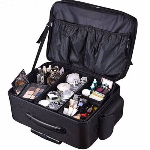 Nylon soft makeup case black rolling cosmetic case Oxford trolley travel bag