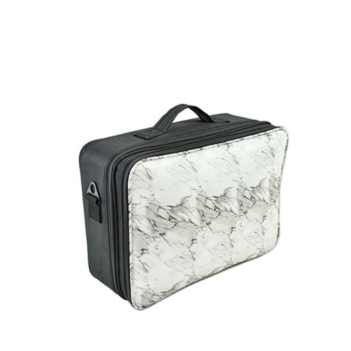 Oxford and PU cosmetic train case black cloth and white PU marble pattern makeup case new design makeup bag with strap