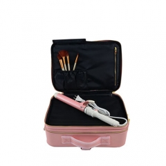 Travel cosmetic train bag portable pink PU makeup case double zippers beauty makeup box for artists