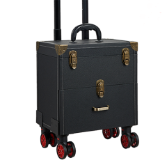 Bronze hardware PU leather makeup case rose and black color for trolley cosmetic case litchi stria leather makeup case with wheels