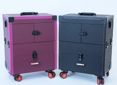 Leather makeup trolley case cosmetic train luggage storage with 4 wheels