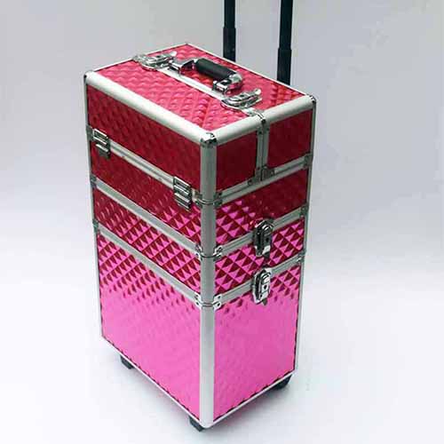 Large aluminum makeup rolling case hairdressing beauty box trolley cosmetic case rose