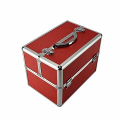Portable aluminum makeup case red cosmetic kit box with big handle professional beauty case