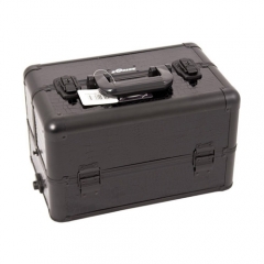 Aluminum black makeup case with brush holder professional pro cosmetic box 3 trays