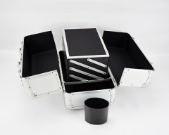 Beauty black pro makeup case 3 extendable trays aluminum cosmetic box with brush holder