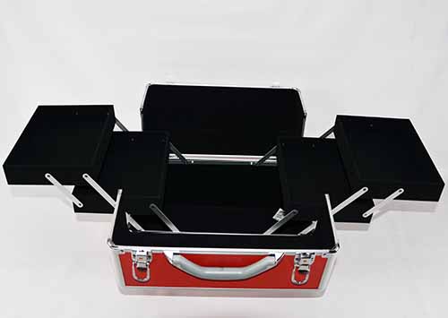 Portable aluminum makeup case red cosmetic kit box with big handle professional beauty case