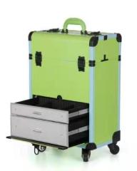 Pu Makeup Trolley Box Green Cosmetic Case With Wheels
