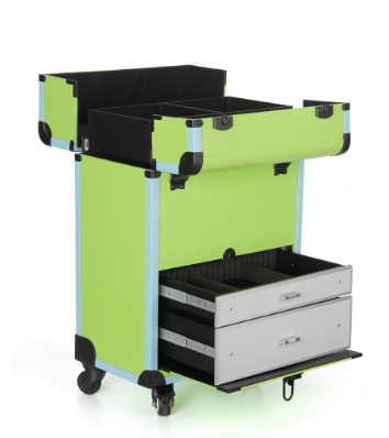 Pu Makeup Trolley Box Green Cosmetic Case With Wheels