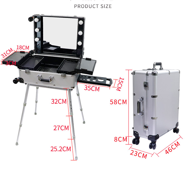 LED lights makeup trolley case with mirror for artists