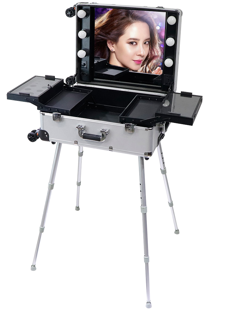 LED lights makeup trolley case with mirror for artists