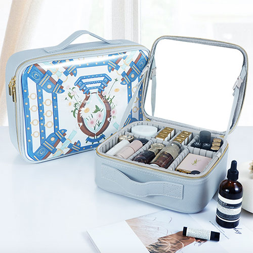 Large capacity cosmetics tool case with mirror blue printed makeup storage bag