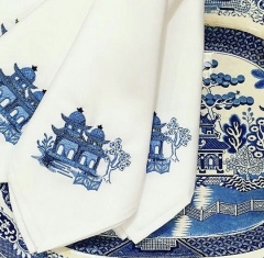 Blue And White Porcelain Customized Wholesale Hemstitch Embroidered Linen Napkin With Logo For Wedding