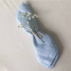 Personalised Custom Blue Cloth Embroidered Hemstitch Linen Napkins for Wedding with Logo