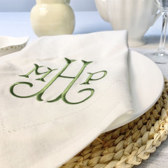 Personalized Custom White Cloth Monogrammed Embroidered Hemstitch Linen Napkins for Wedding