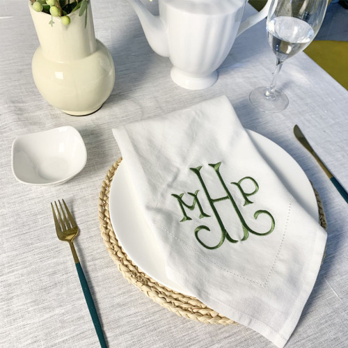 Personalized Custom White Cloth Monogrammed Embroidered Hemstitch Linen Napkins for Wedding