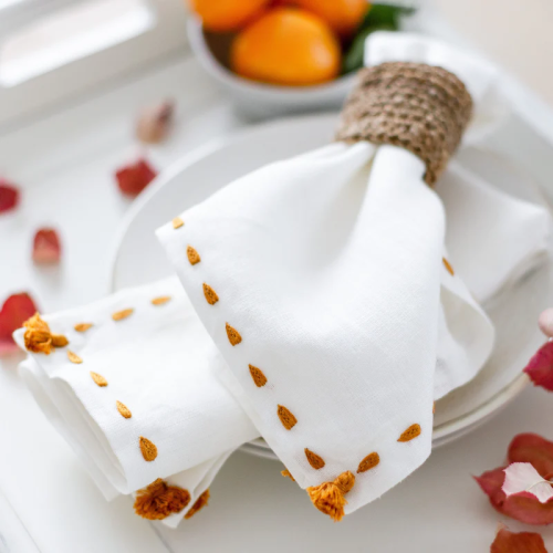 Dinner Restaurant Hemstitch Handkerchief Cloth Embroider White Linen Fabric Table Napkin