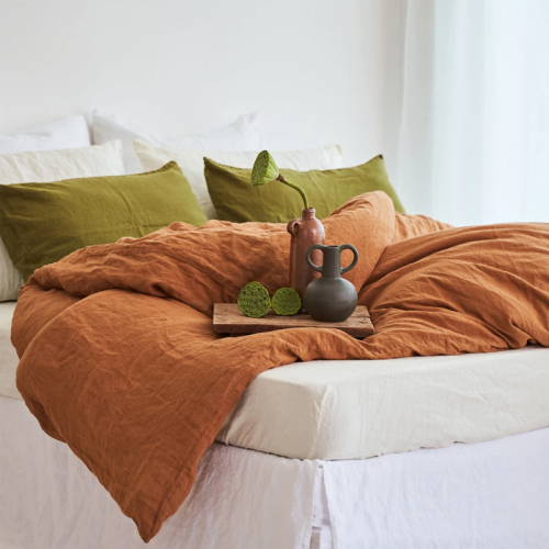premium custom logo hotel bed linen duvet cover white orange bed sheet hotel bedding set 100% linen