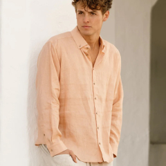 Wholesale Custom Summer Peach Pure Linen Men Shirts