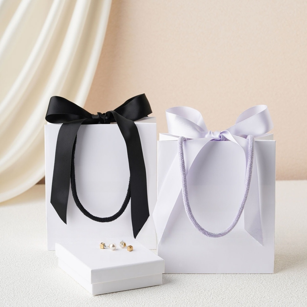 15.5x7.5x13.5cm Ribbon White Bag 250gsm Bow Tie Jelewery Paper Gift Bag