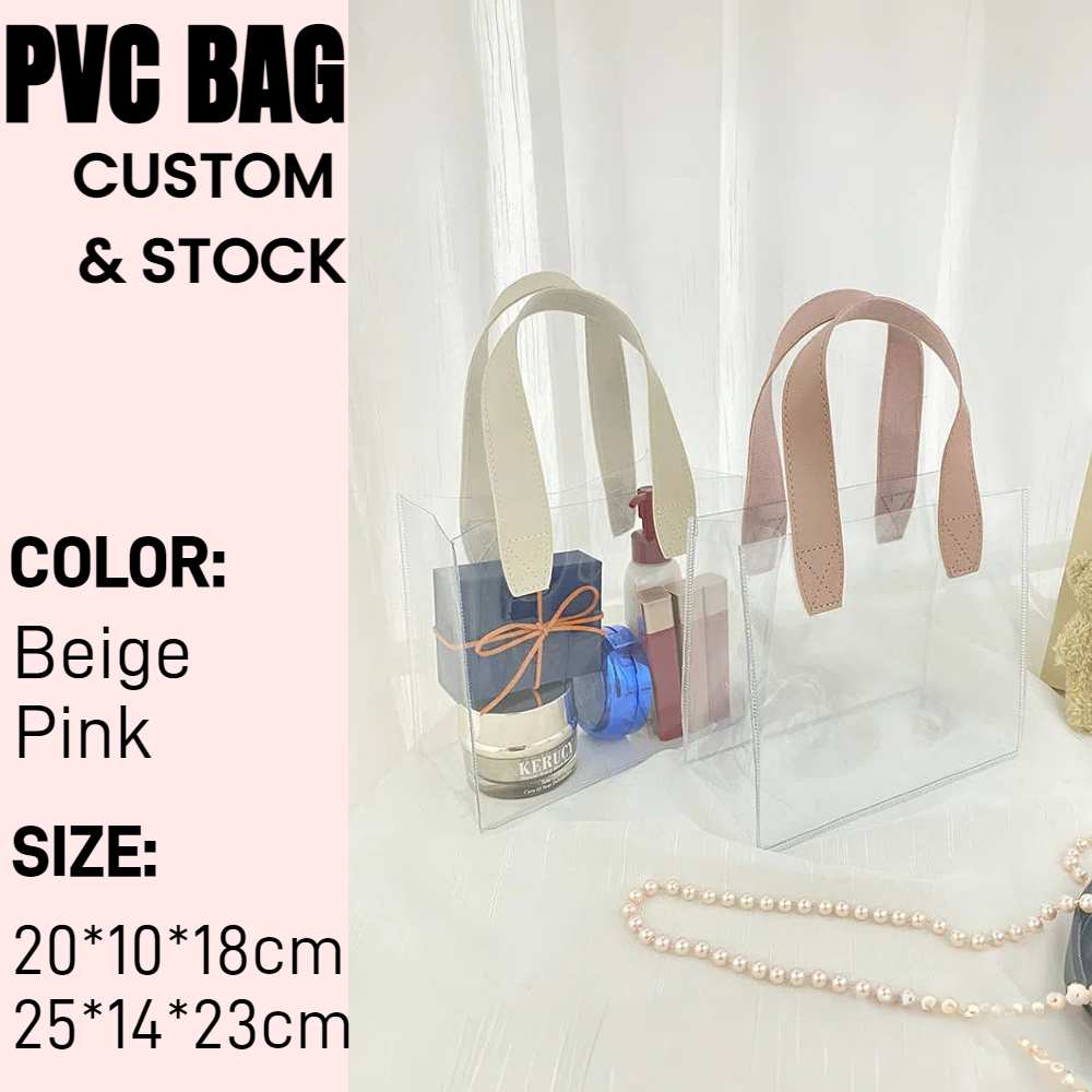 Pink Beige Leather Handle Clear PVC Tote Bag Gift Bag