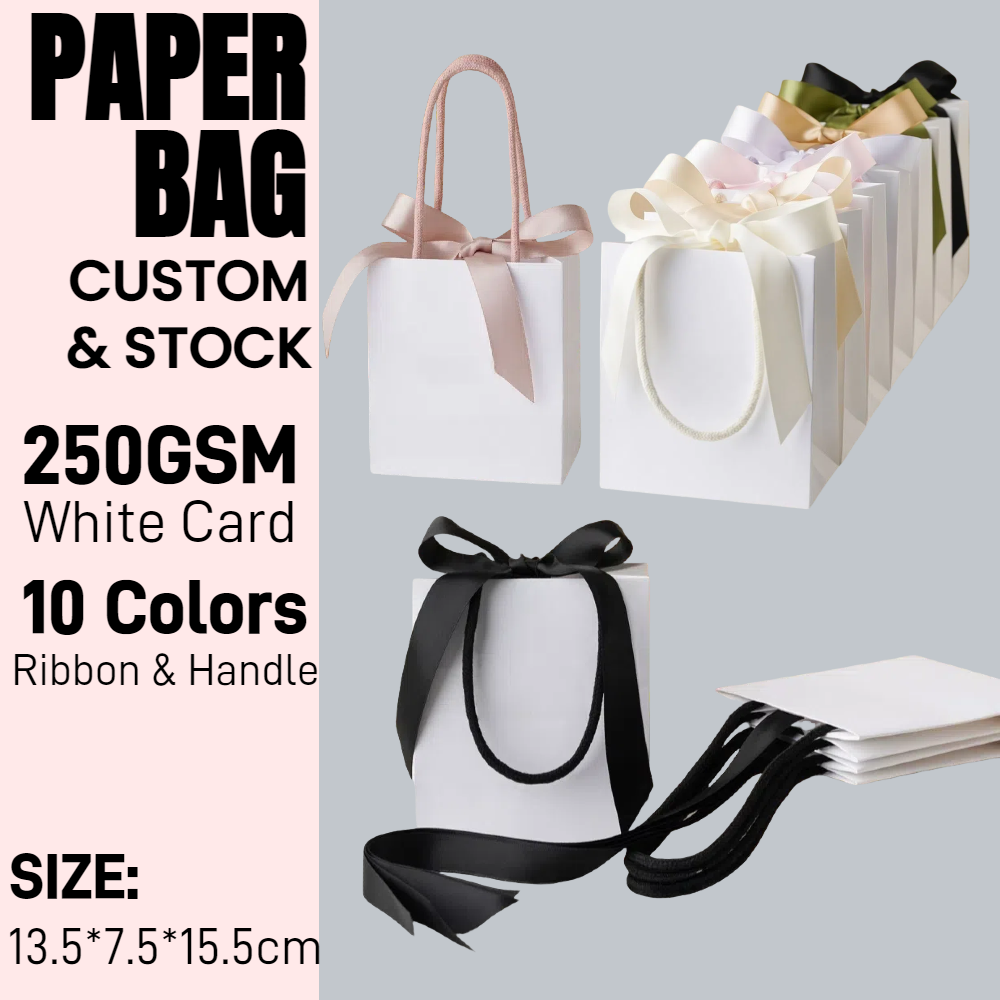 15.5x7.5x13.5cm Ribbon White Bag 250gsm Bow Tie Jelewery Paper Gift Bag